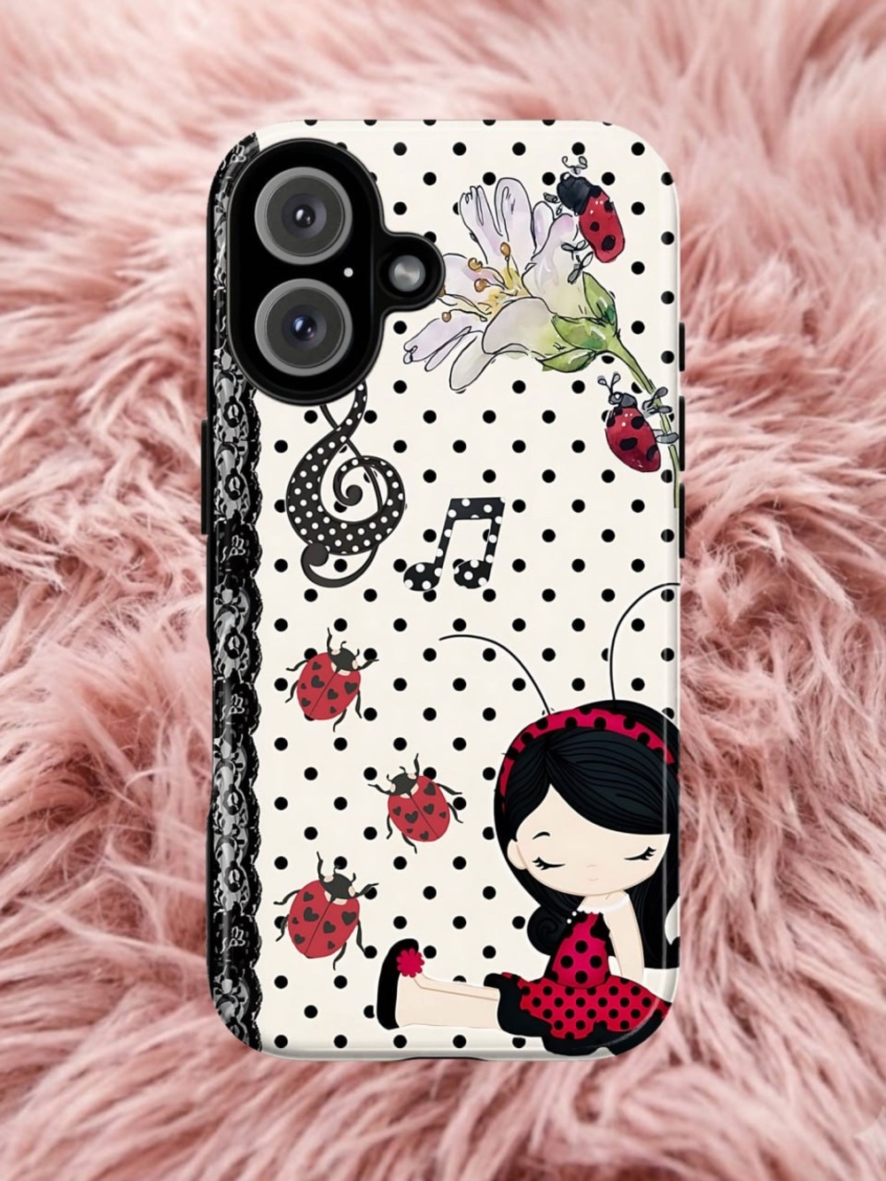 Cute Ladybug Polka Dot Phone Case - Black & Red